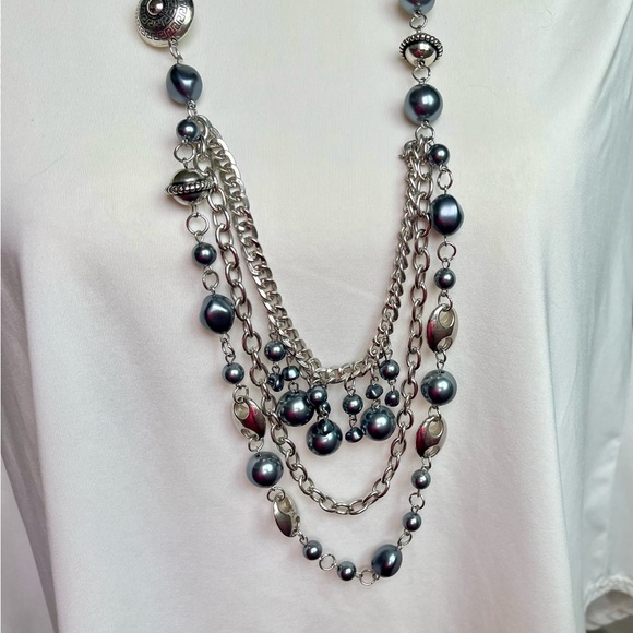 Necklace silver/gray beads black ribbon asymmetrical  jewelry - Picture 5 of 15